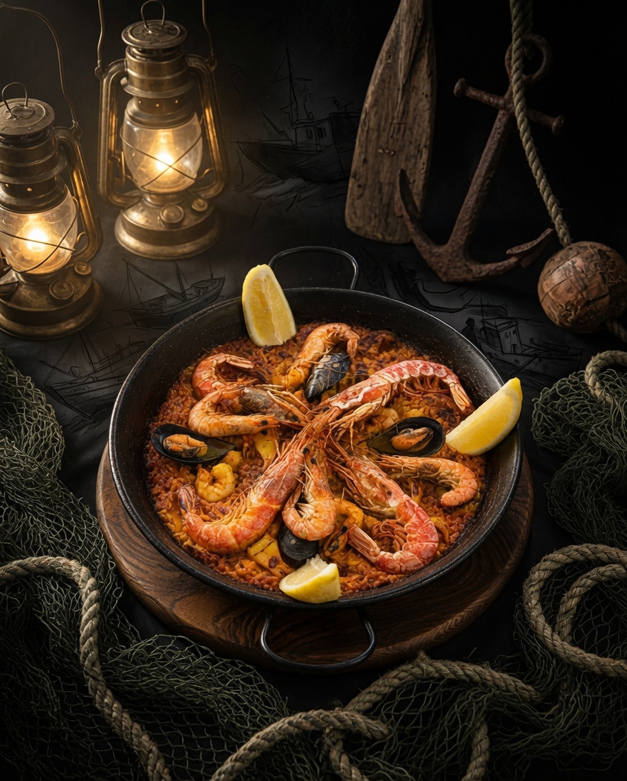 Signature Spanish paella by Casa Jose with saffron rice, seafood and lemon